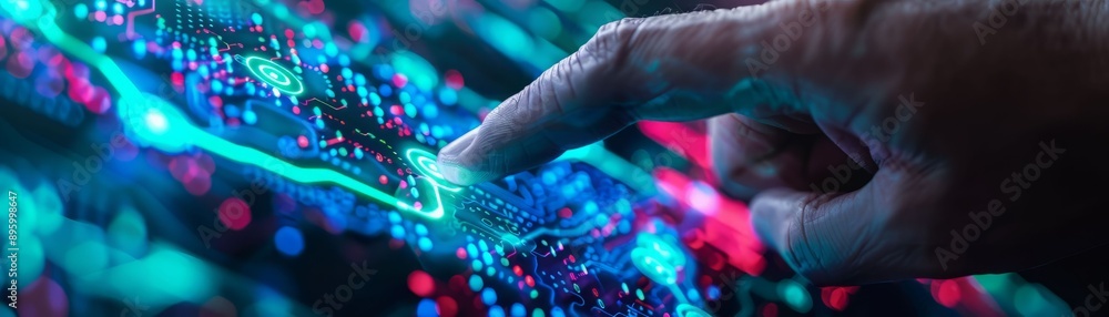 Aufkleber a hand interacting with a vibrant digital interface showcasing glowing circuits and data flow in a m