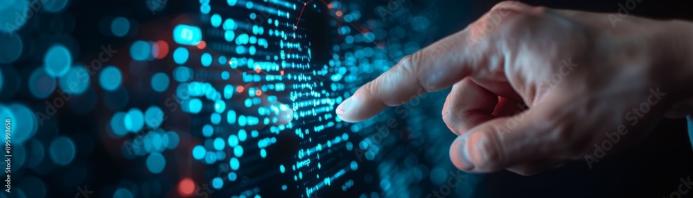 Aufkleber a hand interacts with a digital display, showcasing a blend of technology and data visualization for