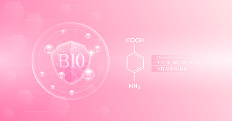 Shield vitamin B10 in dome with pink atom around and chemical structure. Protect and build immunity healthy. Medical scientific concepts. Banner vector illustration.