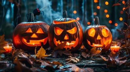 Halloween pumpkins in the forest at night.Halloween background with Evil Pumpkin. Spooky scary dark Night forrest. Holiday event halloween banner background concept