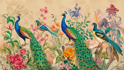 Classic Handdrawna and Hand Painted Retro Vintage Style Fine Art canvas for wallpaper and background with Colorful Peacocks, birds, Flowers and plants, Nature-inspired and floral botanical, ornamental