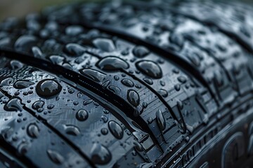 Close-Up of a Wet Tire with Water Droplets Highlighting Tread Patterns