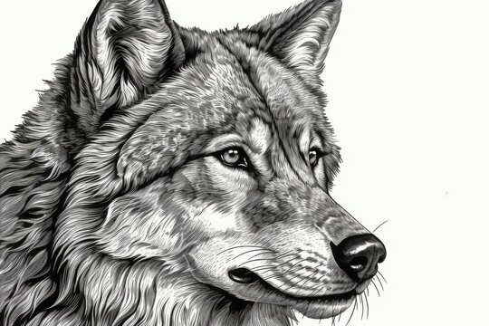 recommend clip art: Black and white Vintage engraved art of a close-up portrait of a wolf isolated on white background, ink sketch illustration, simple vector art design, highly detailed line art, high contrasty 