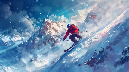 Young man snowboarder running down the slope in Alpine mountains. Winter sport and recreation, leisure outdoor activities. Snowboard Jump. Real snowboarder falls at offpiste ski slope. ski safety