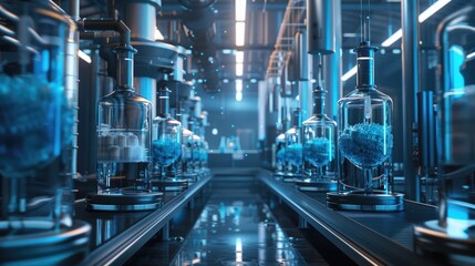 Fototapeta premium A futuristic pharmaceutical factory where bioreactors produce complex biologics such as monoclonal antibodies for treating diseases.