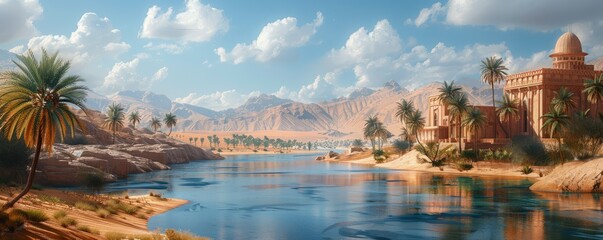 Fototapeta premium Arabian Nights Desert Oasis, 4K hyperrealistic photo