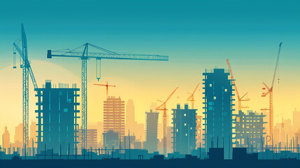 Urban construction site at sunrise with silhouettes of cranes and high-rise buildings.