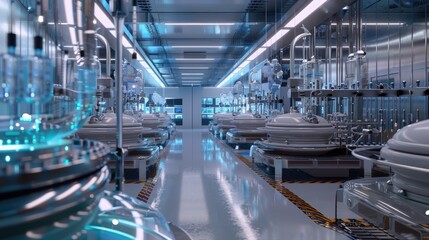A futuristic pharmaceutical factory where bioreactors produce complex biologics such as monoclonal antibodies for treating diseases.