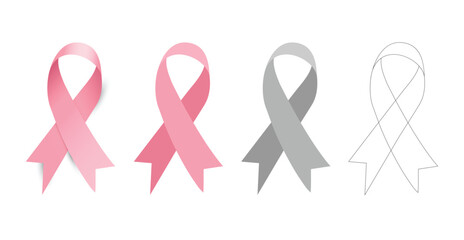 Set of four pink ribbons for Breast Cancer awareness month October in various styles. Vector illustration.	
