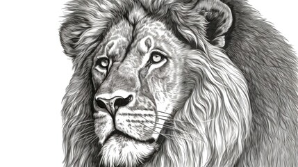 Black and white Vintage engraved art of a close-up portrait of a lion isolated on white background, ink sketch illustration, simple vector art design, highly detailed line art, high contrasty
