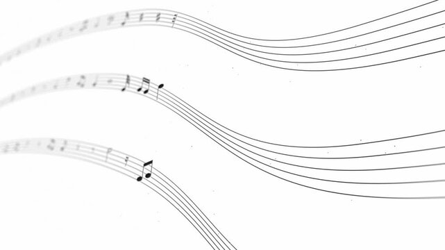 Musical note treble clef floating and flowing on staff line, abstract animated key tone on music sheet design, swirl tune score, classical creativity melody play background