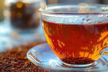 Fototapeta premium A close-up shot of a transparent glass cup filled with fragrant tea, surrounded by dried tea leaves, highlighting the rich amber color.