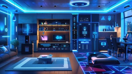 Obraz premium A futuristic smart home controlled by voice commands, regulating temperature, lighting, and security systems seamlessly.