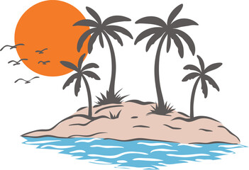 Coconut palm trees on an island with blue ocean waves and orange sun. Tropical island, Beach Summer time vacation concept isolated on white background. Vector design illustration.