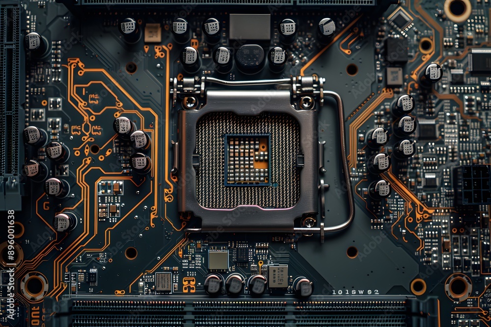 Poster close-up of a computer motherboard with cpu socket and circuitry