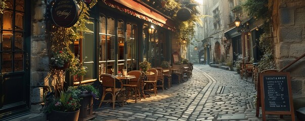 Fototapeta premium Charming cafÃ© nestled on a cobblestone street, 4K hyperrealistic photo