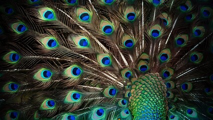 Obraz premium Colorful peacock feathers texture background, closeup, wallpaper