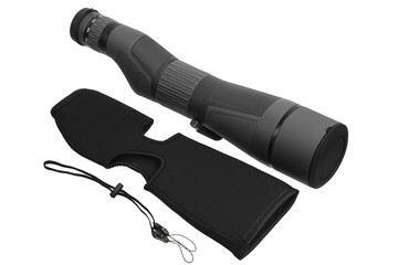 Modern spyglass. Long-range observation device. Monocular isolate on a white back