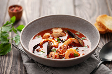 French seafood bouillabaisse soup with mussels, prawns, octopus and fish.
