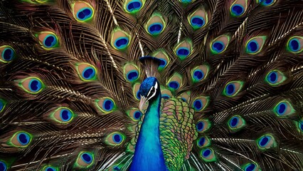 Obraz premium Colorful peacock feathers texture background, closeup, wallpaper