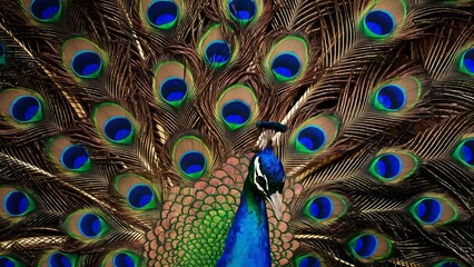 Obraz premium Colorful peacock feathers texture background, closeup, wallpaper