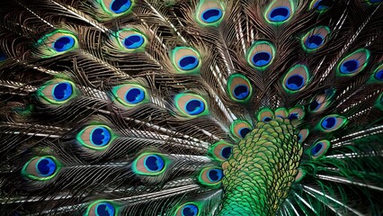 Obraz premium Colorful peacock feathers texture background, closeup, wallpaper