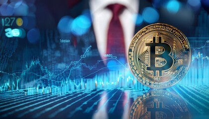 The image illustrates the intersection of finance and cryptocurrency. A golden Bitcoin stands prominently in the foreground, symbolizing the rise of digital currency. 