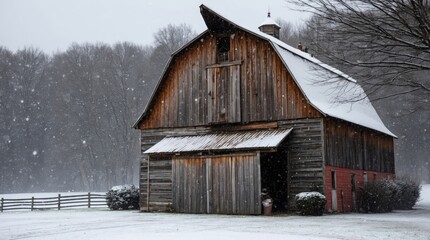 American barn from the 80s, snow falling in winter, nostalgia concept.