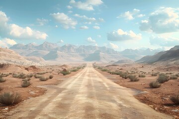 Naklejka premium Serene Desert Road Leading to Majestic Mountains Under a Bright Sky