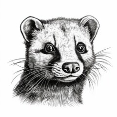 Obraz premium Black and white Vintage engraved art of a ferret portrait isolated on white background, ink sketch illustration, simple vector art design, highly detailed line art, high contrasty. 