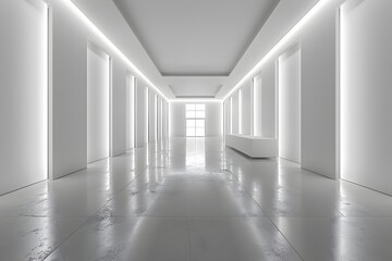 Modern Minimalist Hallway with Soft Lighting and Reflective Surfaces