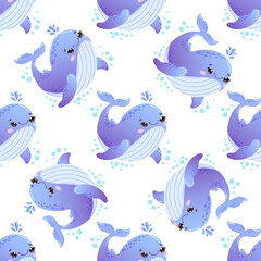 Vector seamless pattern featuring adorable blue whale with bubbles on a white background. 