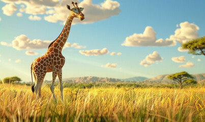 Obraz premium 3D Cartoon Giraffe with Detailed Texture in Nature