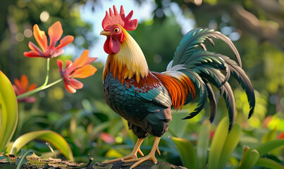 3D Cartoon Rooster Chicken  with Detailed Texture in Nature
