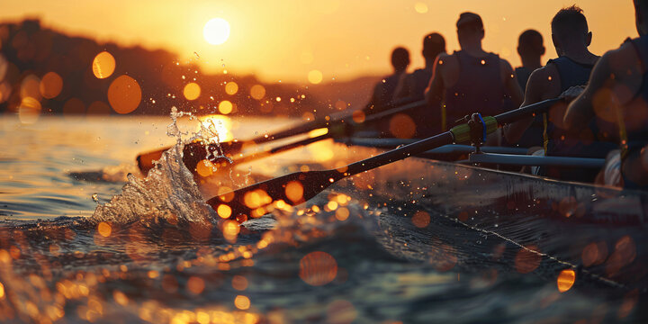 A rowing team races across a lake at sunset.