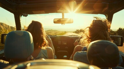 Two women are driving a jeep on a sunny day