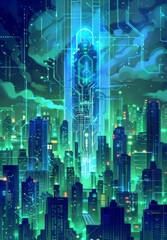 Obraz premium Futuristic Smart Cyber City illustration: Innovative Urban Landscape, futuristic technology and cyber punk concept, Graphic Resources, Wallpapers, Brochure, Websites, banner, Advertising, background
