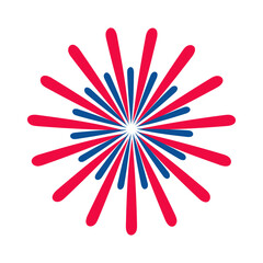 A red, blue and white firework with a blue and red line in the middle. The firework is in the center of the image