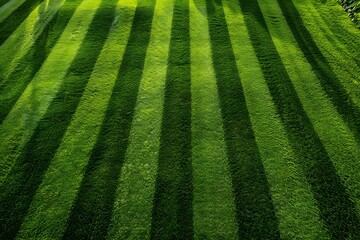 Lush Green Lawn with Striped Patterns and Shadows