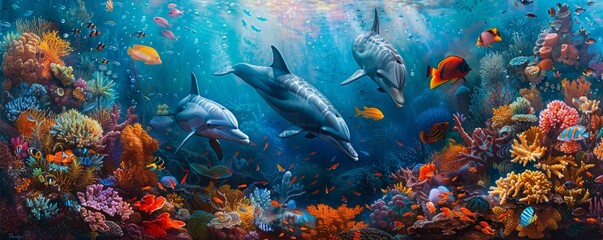 Naklejka premium A vibrant coral reef teeming with colorful fish and playful dolphins, creating a mesmerizing underwater spectacle.