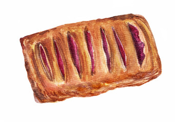 Sweet puff tart with raspberry jam, watercolor illustration of a small tart or pie with jam, isolated on white