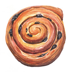 Sweet puff roll with raisins, watercolor raster illustration of round puff pastry isolated on white, curled pastry, snail-like pastry