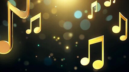 Golden musical notes with a dark background with bokeh lights for festive and celebratory music videos, video intros, music related presentations and ads. Glowing music symbols, animated music notes