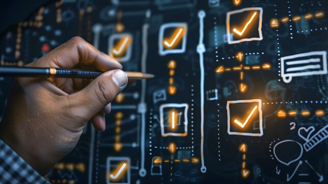 A quality assurance team using advanced digital tools to plan, ensure, and control project quality, depicted by detailed checklists and performance metrics