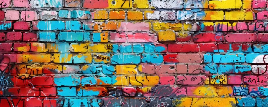 A weathered brick wall covered in graffiti, its vibrant colors and bold messages adding a layer of urban art to the landscape.