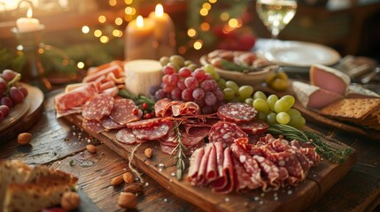 A festive charcuterie board with assorted meats, cheeses, grapes, and bread, set on a rustic wooden table.
