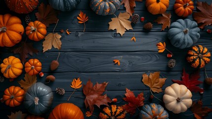 Creative autumn Halloween layout with various leaves and pumkins on dark wooden backgound. Flat lay.