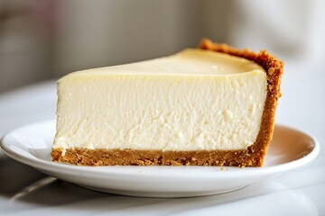 Close-up of a delicious slice of classic cheesecake with a graham cracker crust, served on a white plate.