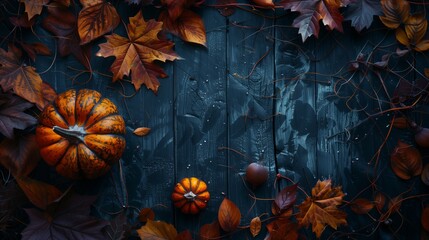 Creative autumn Halloween layout with various leaves and pumkins on dark wooden backgound. Flat lay.