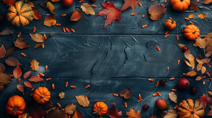 Creative autumn Halloween layout with various leaves and pumkins on dark wooden backgound. Flat lay.